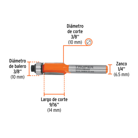 Broca para router, corte recto, 3/8' con balero, Truper | BROU-RB3/8X | 102721