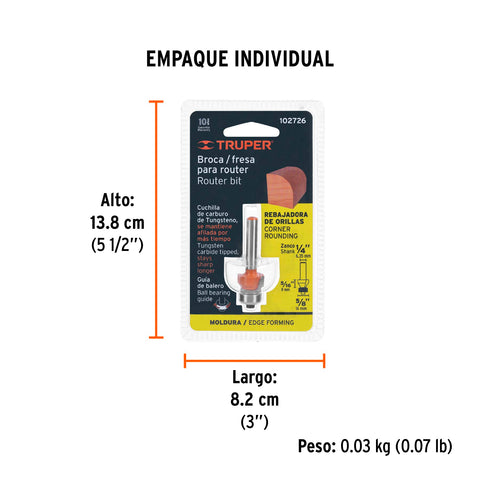 Broca para router, redondeado, 5/8' con balero, Truper | BROU-RD5/8X | 102726
