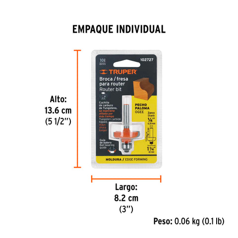 Broca para router, pecho paloma, 1-1/4' con balero, Truper | BROU-PP1-1/4X | 102727