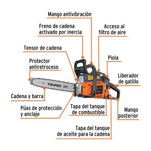 Motosierra 38 cc a gasolina con barra de 14', Truper | MOT-3814 | 102735