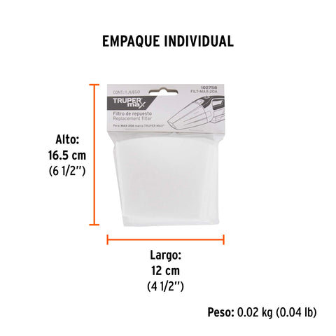 Bolsa con 5 filtros de tela para aspiradora MAX-20A | FILT-MAX-20A | 102758