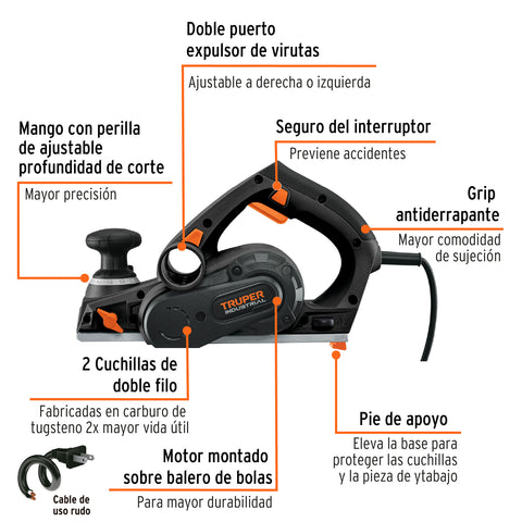Cepillo eléctrico 3-1/4', 720W, TRUPER INDUSTRIAL | CEPEL-3-1/4N2 | 102800