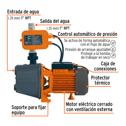 Bomba presurizadora jet hierro 1 HP con control, Truper | PRE-1 | 102855