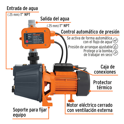Bomba presurizadora jet hierro 1/2 HP con control, Truper | PRE-1/2 | 102856