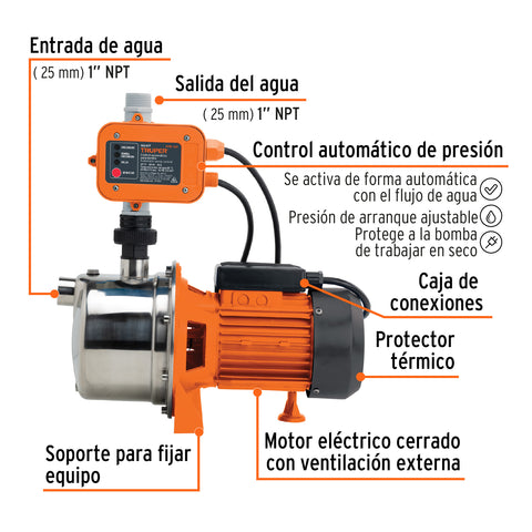 Bomba presurizadora jet acero 1 HP con control, Truper | PRE-1I | 102857
