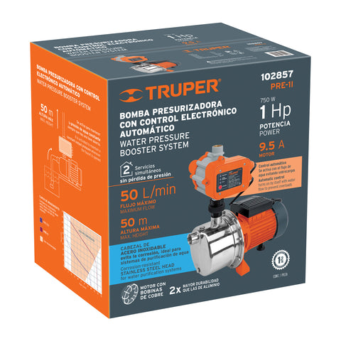 Bomba presurizadora jet acero 1 HP con control, Truper | PRE-1I | 102857