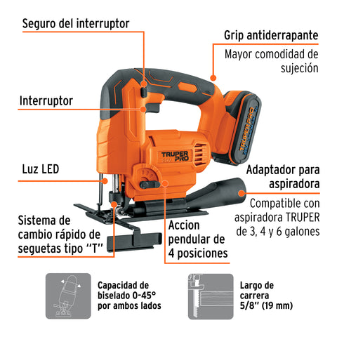 Sierra caladora 20V, 1 batería 2Ah, TRUPER PRO | CALI-20A | 102859