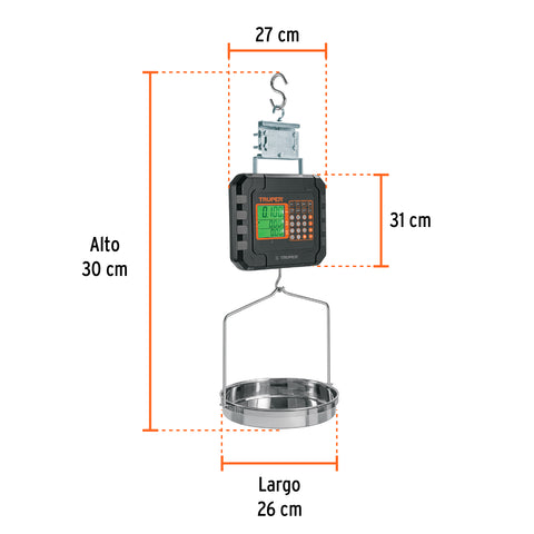 Báscula electrónica colgante, recargable, c/charola, 40 kg | BASE-40C | 102898