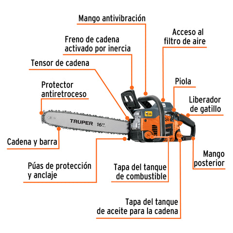Motosierra 50 cc a gasolina con barra de 16', Truper | MOT-5016 | 102899