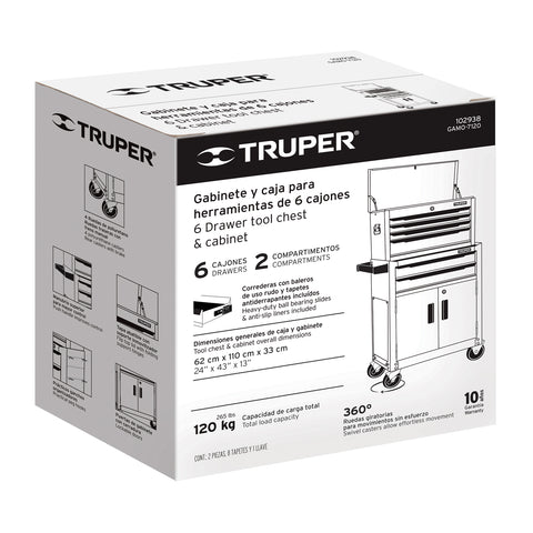 Gabinete metálico móvil, 6 cajones, 2 compartimentos, Truper | GAMO-7120 | 102938