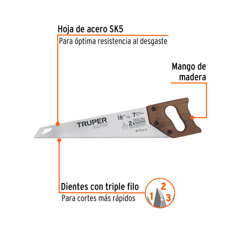 Serrucho Rapid 18', 7 DPP, mango de madera, Truper | STR-18M | 102950