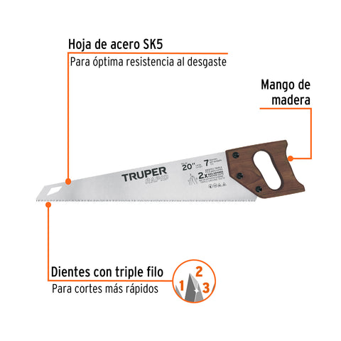 Serrucho Rapid 20', 7 DPP, mango de madera, Truper | STR-20M | 102951