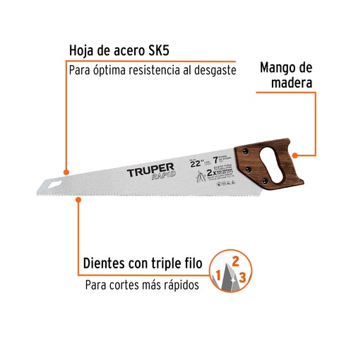 Serrucho Rapid 22', 7 DPP, mango de madera, Truper | STR-22M | 102952