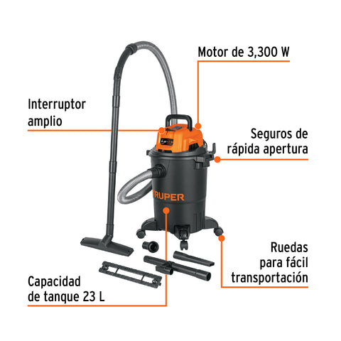 Aspiradora de sólidos y líquidos, 6 gal, plástica, negra | ASP-06N | 102964