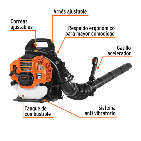 Sopladora con motor de 53cc a gasolina, tipo mochila, Truper | SOPLA-53 | 102970
