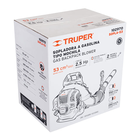 Sopladora con motor de 53cc a gasolina, tipo mochila, Truper | SOPLA-53 | 102970