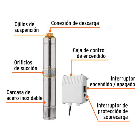 Bomba sumergible tipo bala, 1/2HP, agrícola, 220V, TRUPER | BOS-1/2LM-2 | 102974