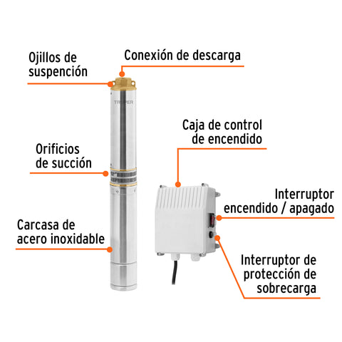 Bomba sumergible tipo bala, 1HP, uso agrícola, 220V, TRUPER | BOS-1LM-2 | 102975