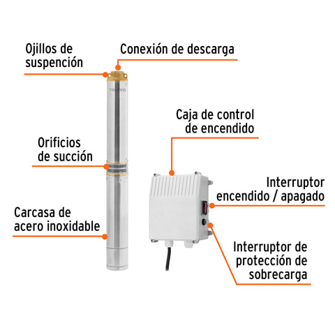 Bomba sumergible tipo bala, 1-1/2HP, agrícola, 220V, TRUPER | BOS-1-1/2LM-2 | 102976