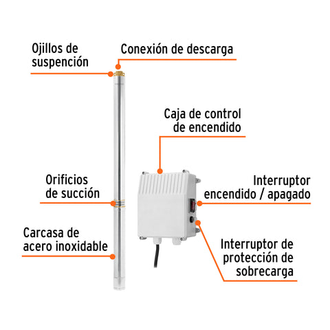 Bomba sumergible tipo bala, 5-1/2HP, agrícola, 220V, TRUPER | BOS-5-1/2LM-2 | 102979