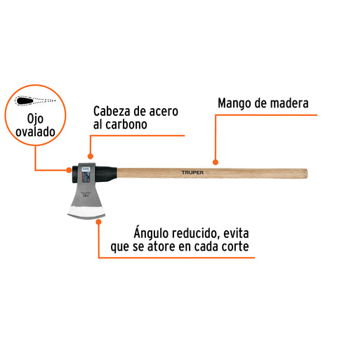 Hacha labor entera 4 lb, mango de madera 36', TRUPER | LE-4MM | 102981