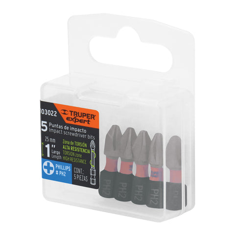 Estuche con 5 puntas de cruz PH2 de impacto largo 1' | PUDE-1102I | 103022