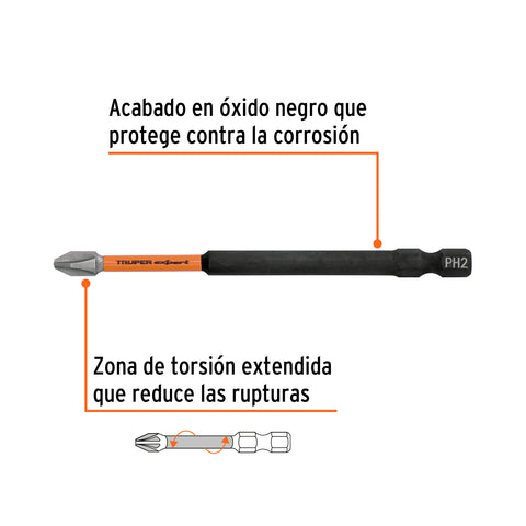Estuche con 5 puntas de cruz PH2 de impacto largo 4' | PUDE-1402I | 103026
