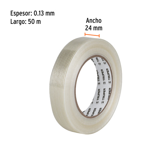 Cinta flejadora con filamentos 24mm x 50 m, transparente | CFI-24 | 103029