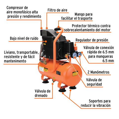 Compresor lubricado, 10L, 2 HP, horizontal, 127V, TRUPER | COMP-10L2 | 103030