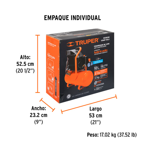 Compresor lubricado, 10L, 2 HP, horizontal, 127V, TRUPER | COMP-10L2 | 103030
