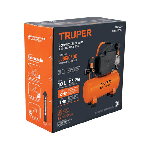 Compresor lubricado, 10L, 2 HP, horizontal, 127V, TRUPER | COMP-10L2 | 103030