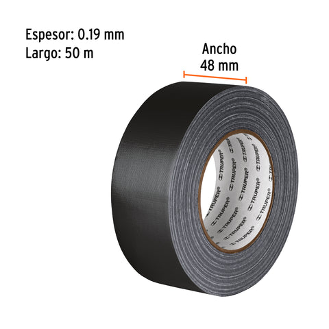 Cinta negra para ducto 50m x 48mm, espesor 0.19mm, Truper | CDU-50XN | 103063