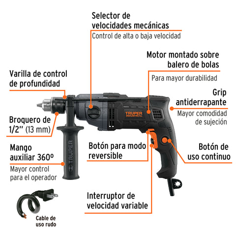 Taladro 1/2', 800W dos velocidades, TRUPER INDUSTRIAL | TAL-1/2N2 | 103068