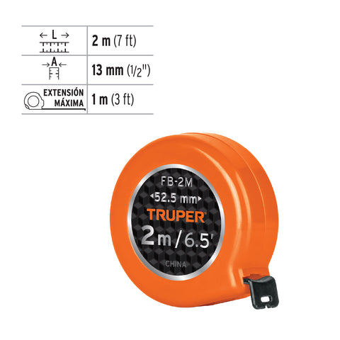 Flexómetro de bolsillo 2 m cinta 13 mm, TRUPER | FB-2M | 103090
