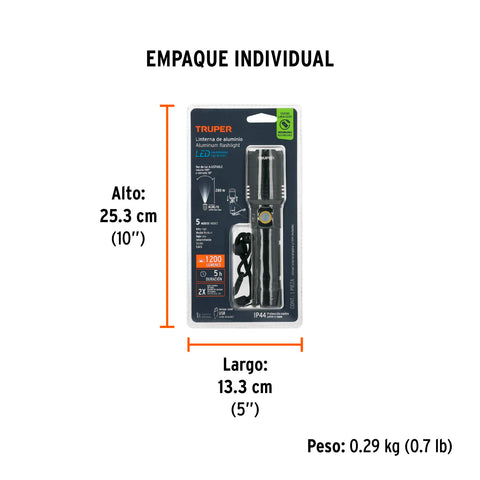 Linterna LED recargable, de aluminio, 1,200 lm, TRUPER | LIRA-1200 | 103100