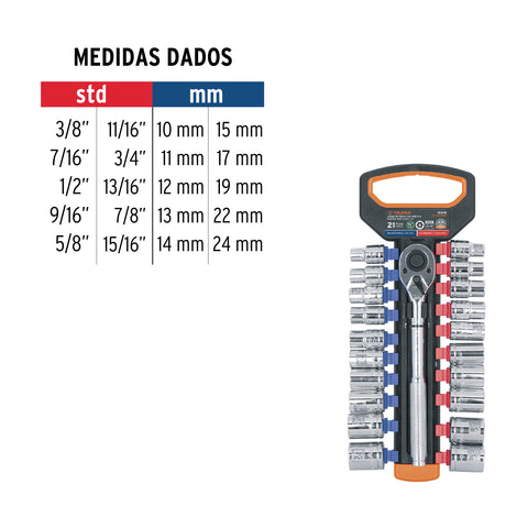 Juego de dados mm y std con matraca, cuadro 1/2', Truper | JD-1/2X21MP | 103110