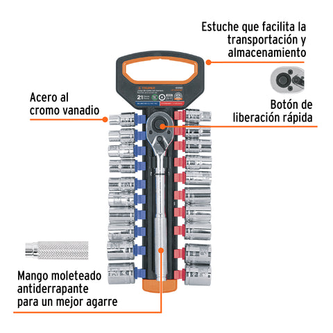 Juego de dados mm y std con matraca, cuadro 1/2', Truper | JD-1/2X21MP | 103110