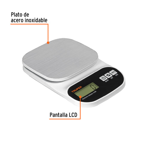 Báscula digital para cocina, plato de acero inox,5kg, Truper | BASE-5EA | 103116