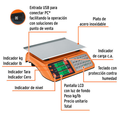 Báscula electrónica multifunciones 40 kg USB, Truper | BASE-40U | 103131