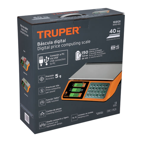 Báscula electrónica multifunciones 40 kg USB, Truper | BASE-40U | 103131