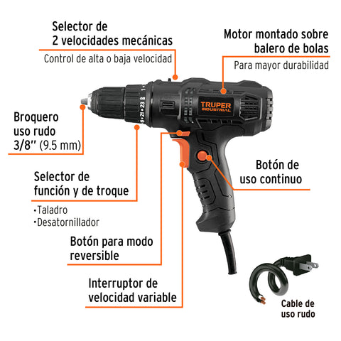 Taladro atornillador 3/8', 400W, TRUPER INDUSTRIAL | TALA-3/8N | 103170