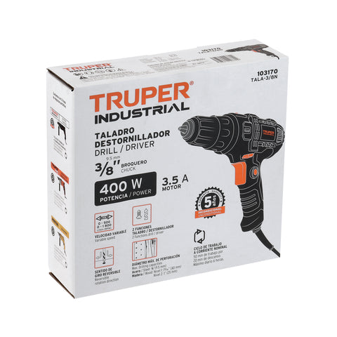 Taladro atornillador 3/8', 400W, TRUPER INDUSTRIAL | TALA-3/8N | 103170