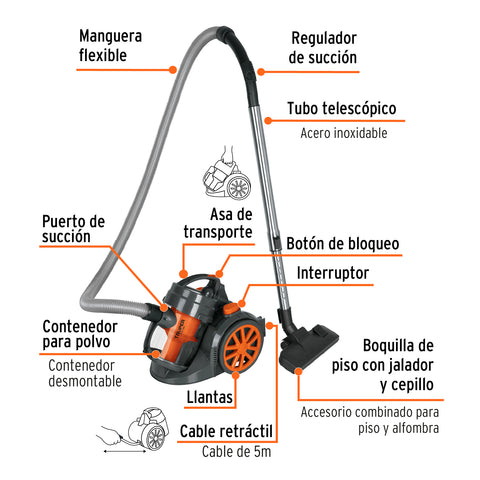 Aspiradora canister 2 L (0.5 gal), 1,200 W (1.6 Hp), TRUPER | ASD-180 | 103191
