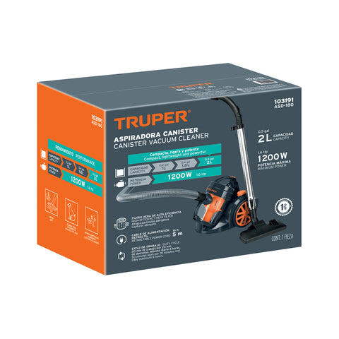 Aspiradora canister 2 L (0.5 gal), 1,200 W (1.6 Hp), TRUPER | ASD-180 | 103191