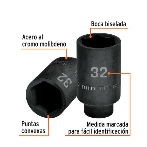 Dado largo impacto de 32 mm, 6 puntas, cuadro 1/2', Truper | D-7332-ML | 103192