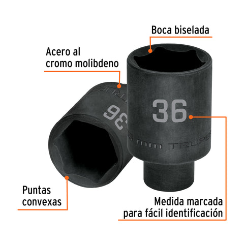 Dado largo impacto de 36 mm, 6 puntas, cuadro 1/2', Truper | D-7336-ML | 103194