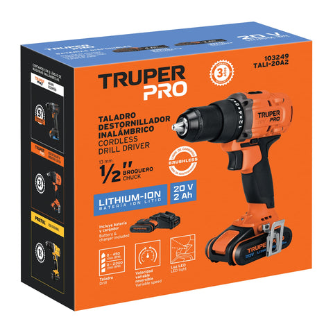 Taladro 1/2', 20V, 1 batería 2Ah, TRUPER PRO | TALI-20A2 | 103249