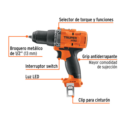 Taladro 1/2', 20V, sin accesorios, TRUPER PRO | TALI-20AS | 103250