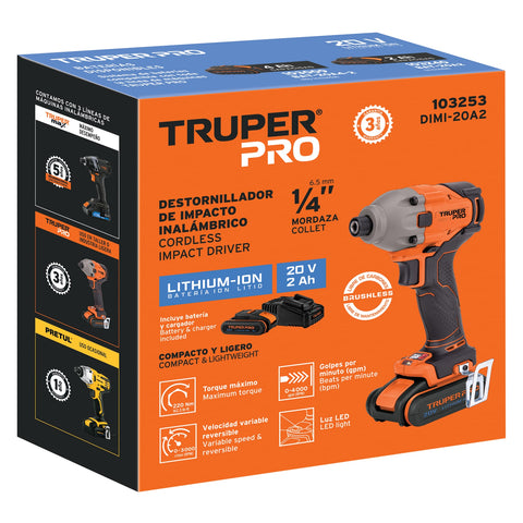 Destornillador de impacto 1/4', 20V, 1 batería 2Ah, PRO | DIMI-20A2 | 103253