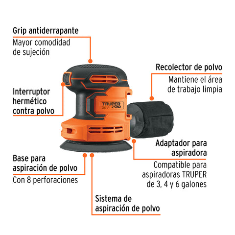 Lijadora roto-orbital 5', 20V, sin accesorios, TRUPER PRO | LIRI-20AS | 103261